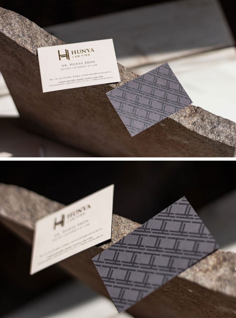 Dombor arany nyomásos névjegy prémium papírokból készítve, két rétegben kasírozva, prégelt mappával és füzettel egyedi megrendelésre